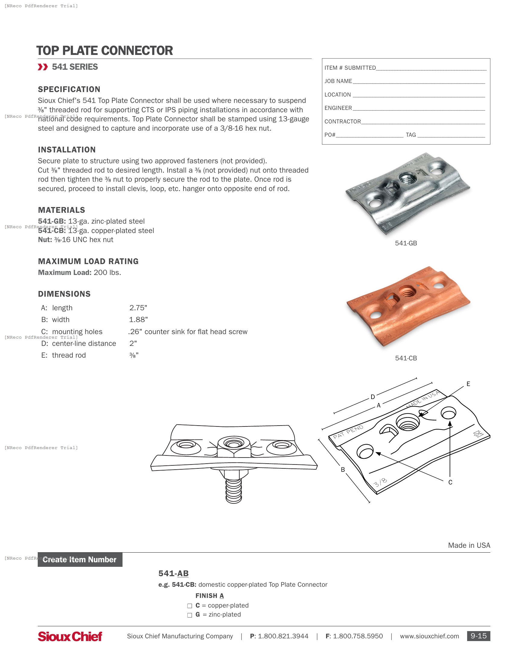 541 SERIES -  TOP PLATE CONNECTOR - SPEC SHEET.PDF Specification Document